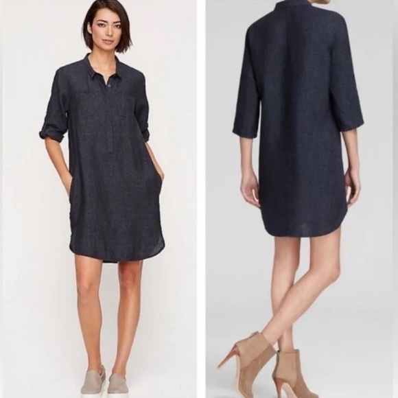 EILEEN FISHER 100% Organic Linen Henley Shirt Dress Dark Denim 3/4-Sleeve - Picture 1 of 15